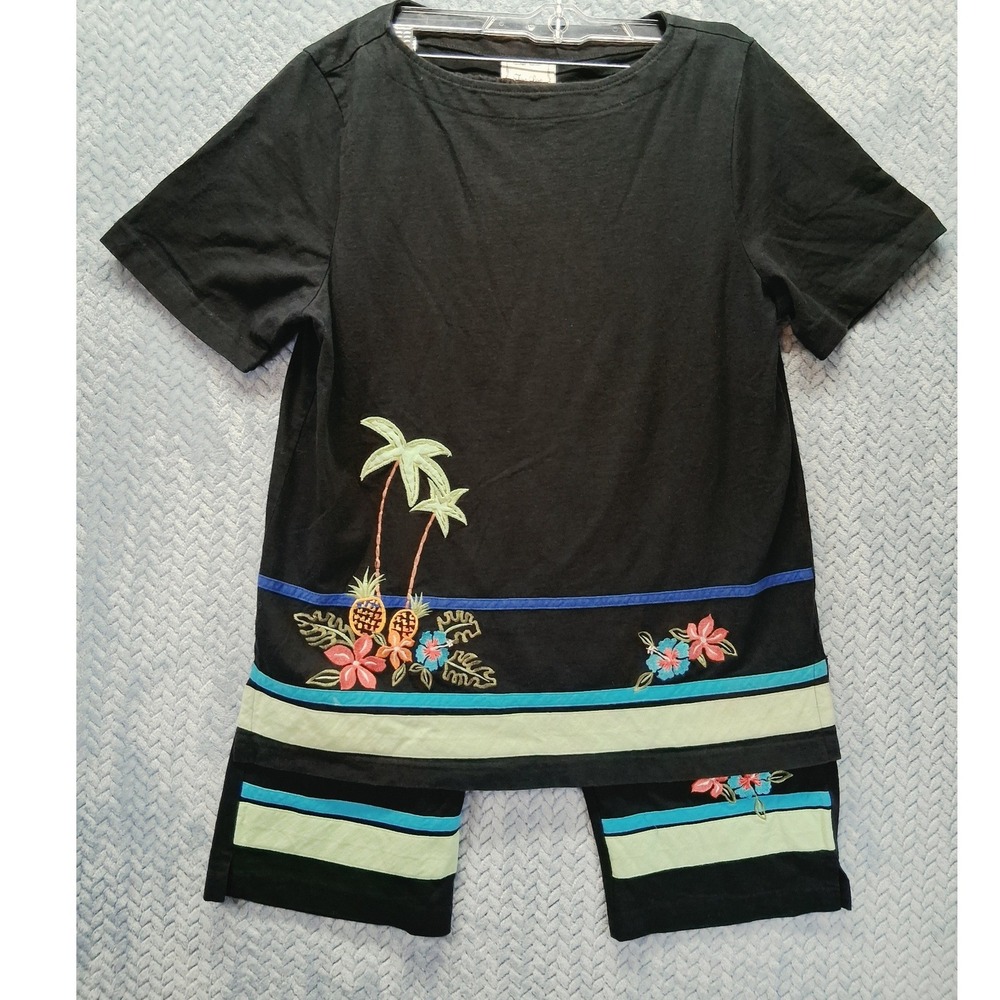Fine Line Black Tropical Embroidered Cotton Top and Crop Pants Set Made in USA L